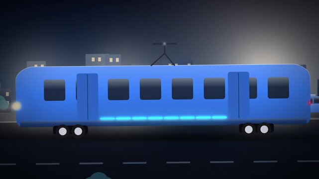 Cyan electric tram on detail view endless loop