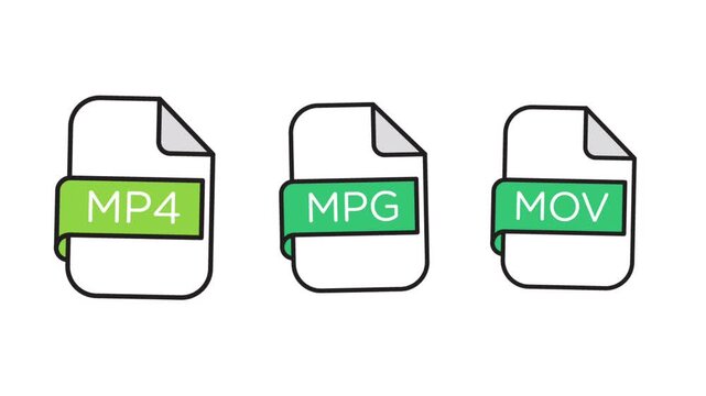Three video file icons labeled mp4 mpg and mov on white background