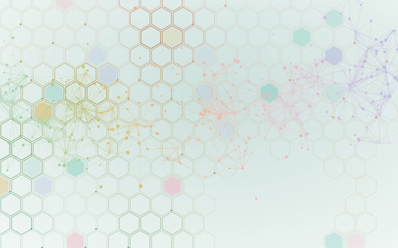 Abstract scientific honeycomb pattern background. Digital network mesh overlays colorful pastel hexagon cells. Minimalist modern geometric graphic illustration.