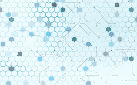 Abstract technology background with hexagon grid pattern. Blue and gray circuit board lines connect digital nodes and geometric shapes.