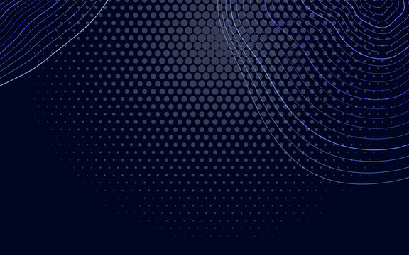 Abstract dark blue digital halftone background. Futuristic contour lines curve across a dot pattern texture. Elegant modern graphic design backdrop.