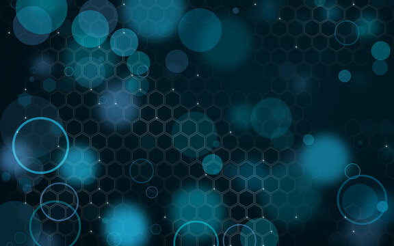 Abstract futuristic hexagonal technology background. Glowing cyan bokeh circles blend with dark grid network mesh overlays. Elegant digital design backdrop.