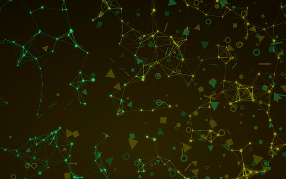 Abstract plexus digital network background. Luminous green and yellow geometric nodes connect with fine lines and scattered shapes. Modern cyber graphic banner.