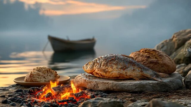 Grilled Fish and Bread on Stone by Charcoal Embers at Lake Sunrise, Rustic Breakfast