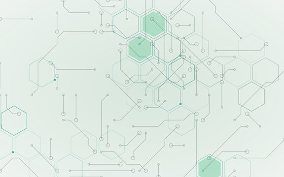 Abstract digital circuit board background pattern. Geometric green hexagons connect with minimal thin lines and dots. Futuristic clean graphic design.
