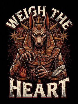 Anubis jackal-headed Egyptian god with ornate patterns and a feather, ancient Egypt illustration