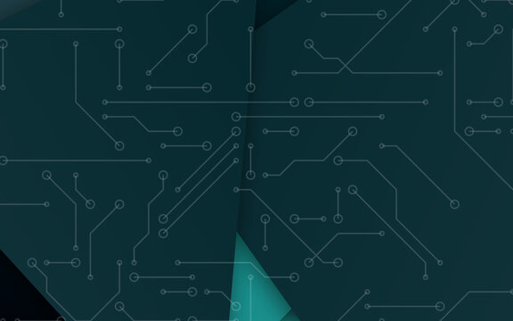 Abstract dark teal circuit board background texture. Minimal geometric shapes overlay interconnected digital lines and nodes. Modern cyber graphic banner design.