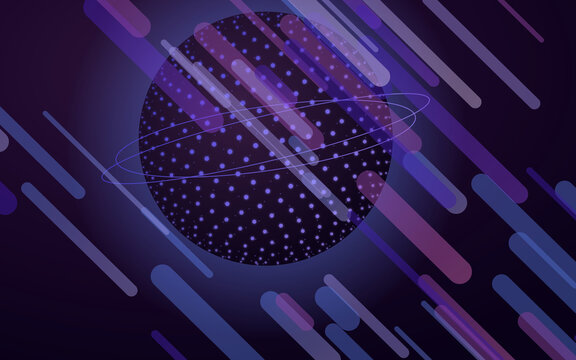 Abstract space background with a dotted planet. Diagonal rounded lines overlay glowing rings and starry cosmos. Minimalist graphic artwork illustration.