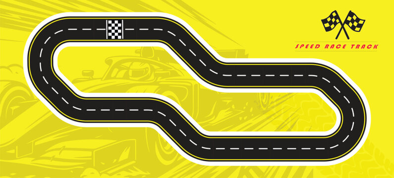 Speed Race Background. Race track in black color with tyre marks and city map on a white background.