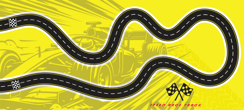 Speed Race Background. Race track in black color with tyre marks and city map on a white background.