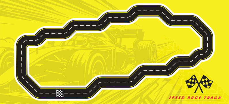 Speed Race Background. Race track in black color with tyre marks and city map on a white background.