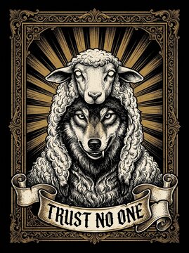 Wolf wearing a sheep fleece on its head, wolf in sheep's clothing gold sunburst illustration