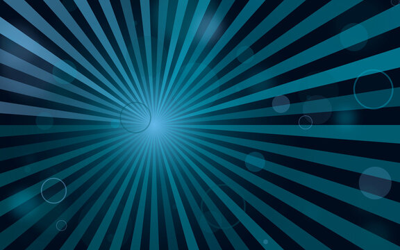 Abstract sunburst ray backdrop with glowing bokeh circles. Radial stripes emanate from light center in dark teal and navy hues. Dynamic digital graphic wallpaper.