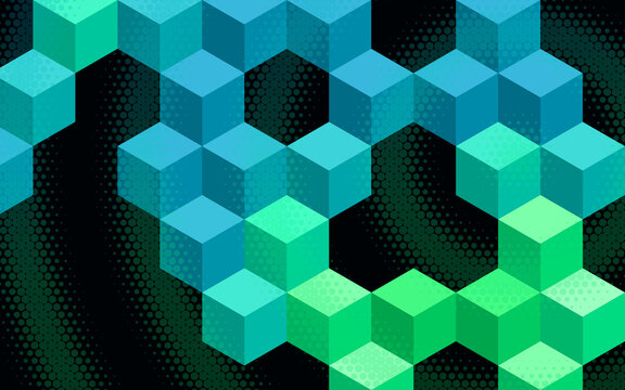 Abstract geometric cube pattern background. Vibrant cyan and green isometric blocks compose a futuristic digital structure over halftone dots. High tech graphic design.