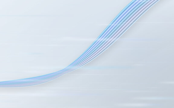 Abstract flowing blue ribbon background. Dynamic striped wave element against clean white light gradient backdrop. Minimalist graphic template.
