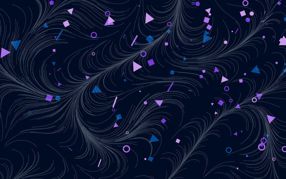 Abstract flowing lines texture on dark blue. Swirling curves combine with floating geometric shapes in purple and teal. Generative digital art wallpaper.