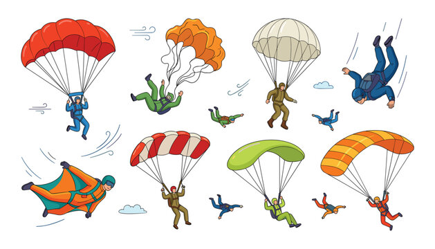 Skydiver and parachute extreme sport vector character set. Skydiving, parachuting, wingsuit, freefall, flying, wind, clouds, adrenaline and outdoor adventure.