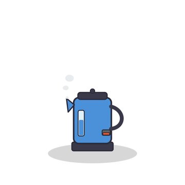 Electric kettle switching on and steaming on white background