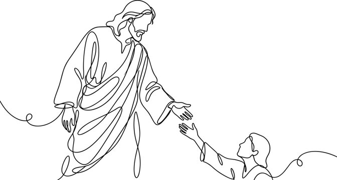 A continuous line art drawing of Jesus Christ reaching out a hand to help a person up.