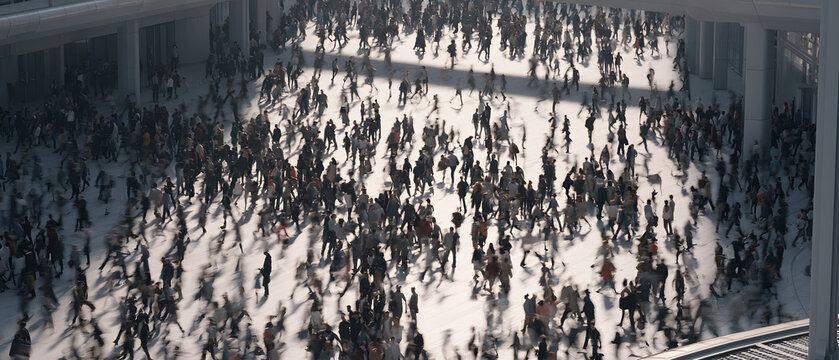 From above a bustling city square bathed in sunlight, the urban energy cascades, the motion blur embodying urgency, scale, and the rhythm of modern communal life. Perfect for capturing the essence of 