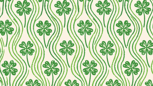 St. Patrick's Day Illustration, seamless pattern of four leaf clovers and green wavy lines