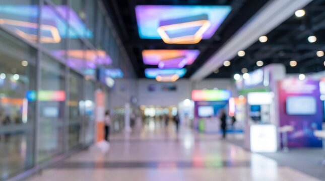 Blurred indoor background of a modern commercial exhibition hall, featuring glowing geometric ceiling lights, colorful illuminated display booths, and a spacious convention center walkway.