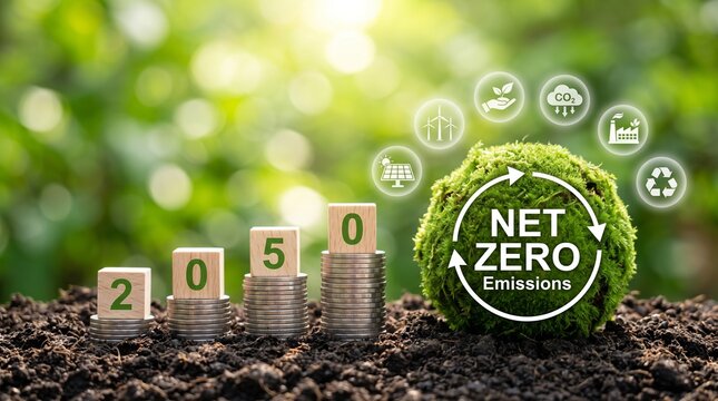 Net Zero Emissions by 2050 Concept with Wooden Blocks on Coins Investment Stacks and Green Moss Ball on Soil Background