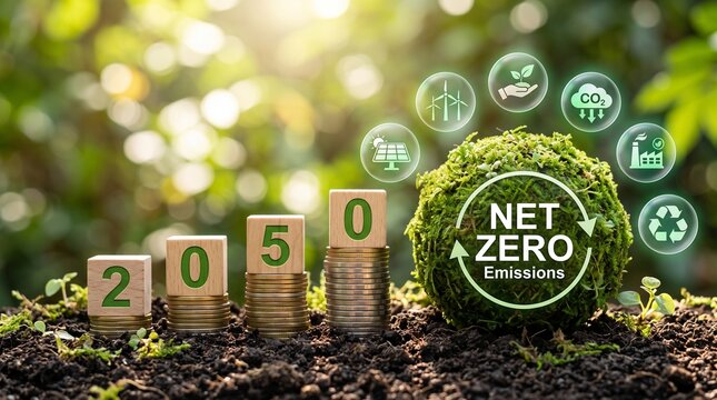 Net zero emissions concept with 2050 target year on wooden blocks, coins stack and green moss ball