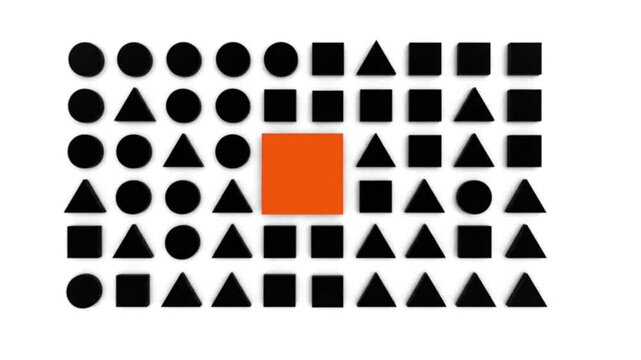 Geometric grid pattern featuring a unique orange square standing out from a uniform set of black circles triangles and squares