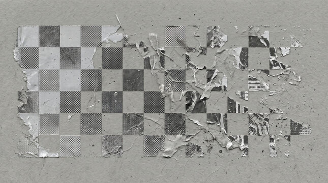 Distressed checkered security tape pattern with torn edges on a grey paper background