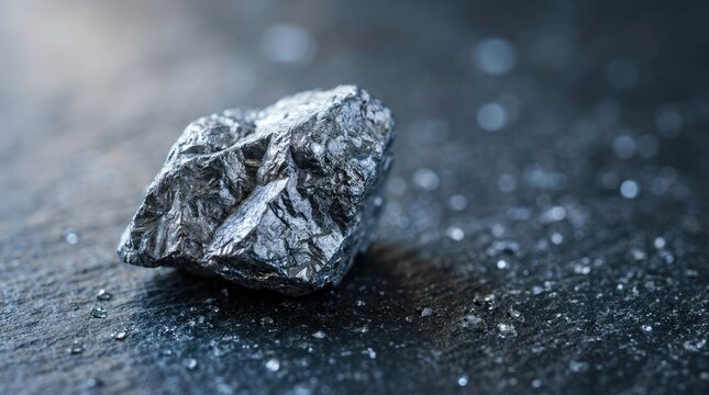 Raw silicon metal nugget resting on a dark textured surface with glowing bokeh highlights