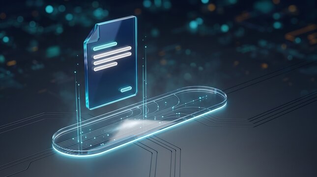 Digital document file icon hovering above circuit board surface in futuristic data management environment with glowing blue light effects and high tech interface