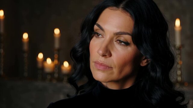 Dark haired woman glancing aside beside warm candlelight