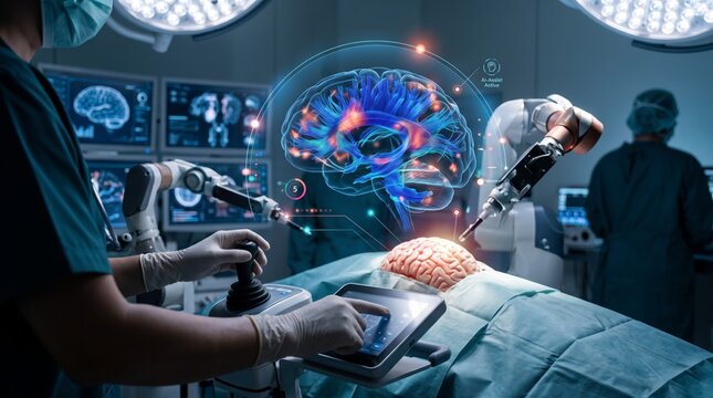 Advanced robotic surgery procedure using AI assisted neurosurgery system, surgeon operating haptic controls with holographic brain mapping display