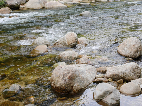 Mountain river stream with rocks and flowing water background