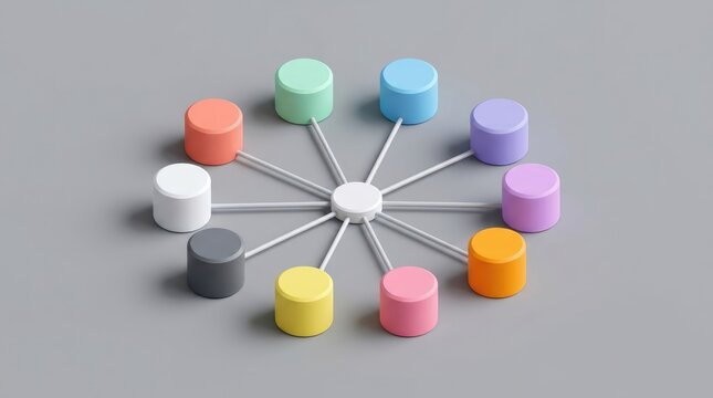 Colorful cylinders connected radially to a central node creating a modern network diagram illustration