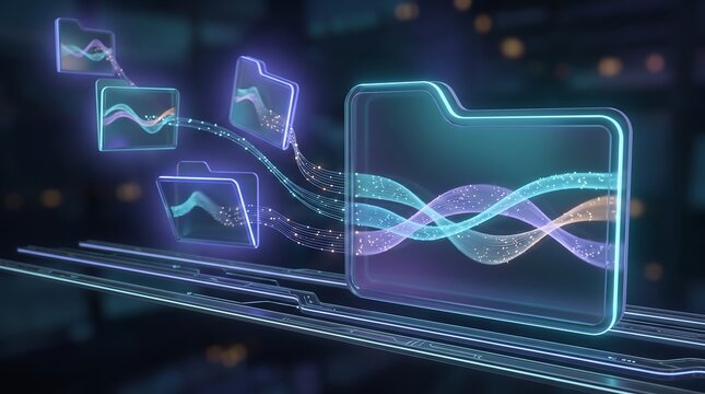 Digital file synchronization and data migration process with glowing folders sharing wave patterns in a high-speed networking environment for cloud infrastructure conceptual 3d render