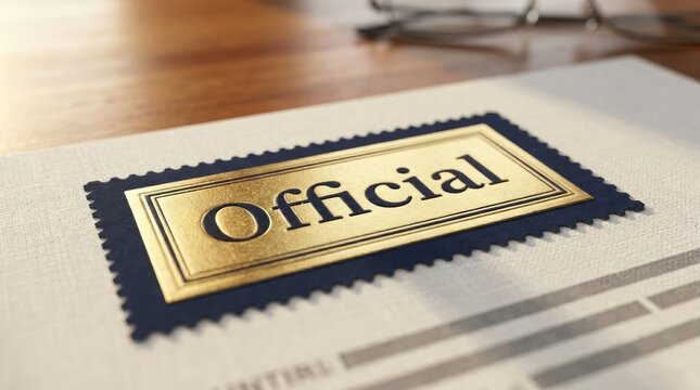 Golden official seal stamp attached securely on top of important paper document surface layout