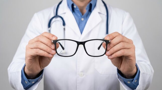 Professional doctor holding black optical glasses towards camera wearing white coat and stethoscope