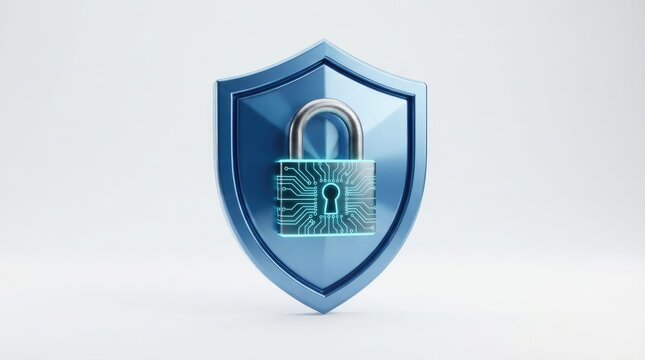Glossy blue metallic shield featuring integrated glowing circuit board padlock for cyber security protection