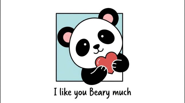 Cute little panda holding red heart illustration with romantic typography and white background design