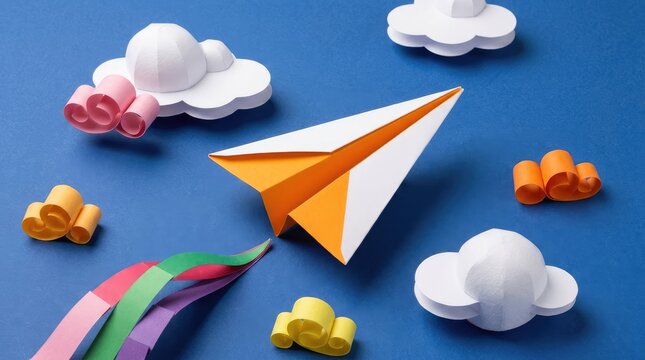 Origami paper airplane flying through white and orange clouds against bright blue background texture