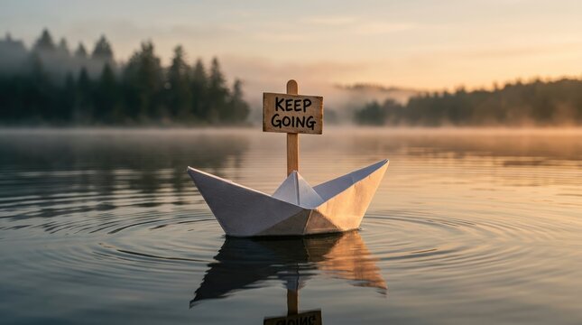 Origami paper boat carrying a wooden sign with inspirational message floating across calm misty lake