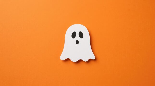 Spooky white paper ghost cutout floating against vibrant textured orange background for Halloween celebration