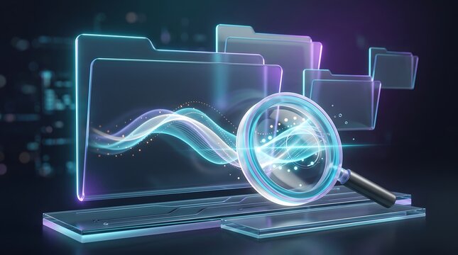 Digital document management system with glowing magnifying glass inspecting virtual file folders on dark background
