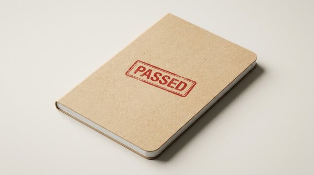 Brown notebook featuring red passed stamp resting diagonally on clean neutral background surface