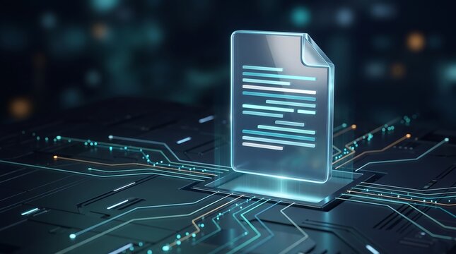 Digital file document icon hovering on glowing circuit board representing advanced electronic data processing