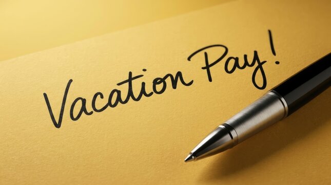 Handwritten vacation pay text written on bright yellow paper with a sleek silver pen resting nearby