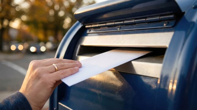 Hand dropping white envelope into blue metal mailbox during golden hour sunset outdoor lighting