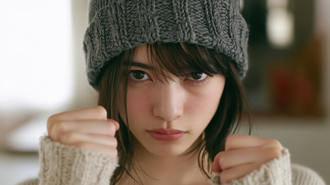 親しい相手にかわいく対抗する女性のファイティングポーズ